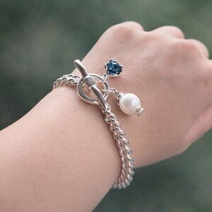 Silver Chain Bracelet with Blue Crystal & Pearl Charms